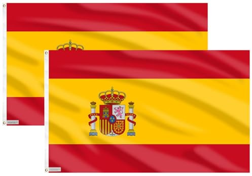 Fontee® 2 piezas [Bandera Española] [90X150cm] [Color vivo] [Resistente a la decoloración UV] [Encabezado de lienzo] [Doble costura] [Ojales de latón gruesos]