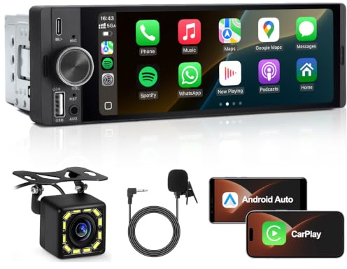Single Din Car Stereo, 1 Din Car Radio with Wireless CarPlay & Android Auto, 6.36 Touch screen Head Unit with Voice Control, Mirror Link, FM, Bluetooth Hands-free Calling, SWC, EQ, Type-C (Black B)