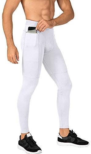WRAGCFM Compression Pants Men,Tights for Men Running Workout Basketball Athletic Sports Leggings Compression Tights with Pockets White,L