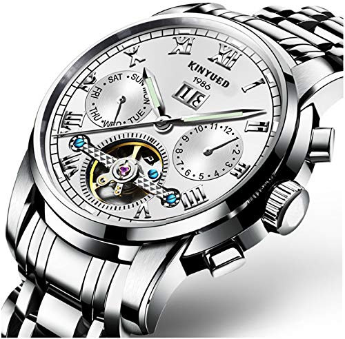 QZPM Tourbillon Mechanische Herrenuhren Edelstahl Wasserdicht Chronographen Multifunktion Analog Datum Kalender Business Uhren,Weiß