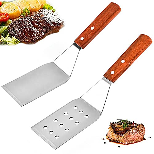 2 delar rostfritt stål spatel set, skrapa spatel vändare, hamburgare vändare spatel, rostfritt stål perforerad platt spatel matlagningsspade med trähandtag för Teppanyaki, grill, biff, pizza