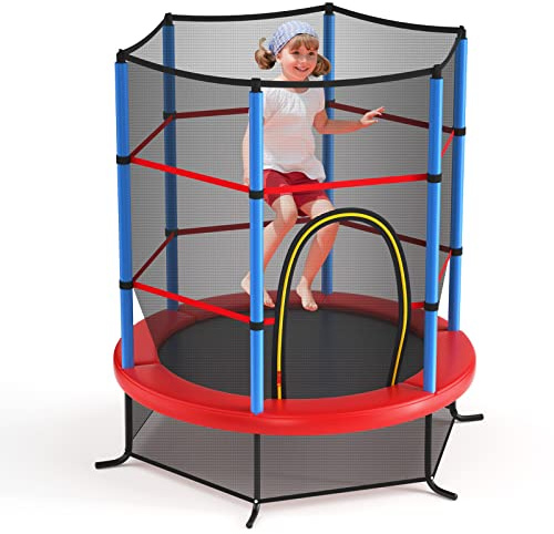 GYMAX Trampoline Extérieur Enfants ∅165CM avec Filet de Sécurité, Conception sans Couture Entre Filet et Tapis, 6 Poteaux Recouvert de Mousse, Cadre en Acier, Charge Max 135KG (Bleu)