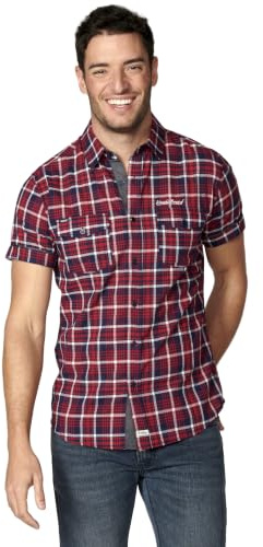 Koroshi Camisa Hombre Manga Corta Cuadros Algodón Bolsillos Roja