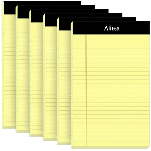 Alitte Bloc de notas legal amarillo de 5 x 8 pulgadas, paquete de 6 bloc de escritura perforado con rayas estrechas, papel grueso de alta calidad, sin sangrado de tinta, blocs legales en blanco para