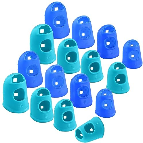 16-pack Fingertoppar, Fingerkuddar i Silikon - 4 Storlekar för Pengaräkning, Papperssortering, Sömnad, Stickning & Gitarrspel (Blå & Himmelsblå)