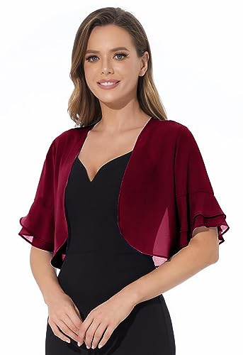 Women Shrug Soft Chiffon Open Front Sheer 3/4 Sleeve Bolero Cardigan for Evening Dress(Deep Wine Red,XL)
