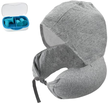 Almohada de Viaje para Cuello de Espuma con Memoria, Almohada Cervical con Capucha, Almohada Cuello Viscoelastica de Espuma Memoria, Cojin de Viaje Cuello para Avión y Coche con Tapones, Gris