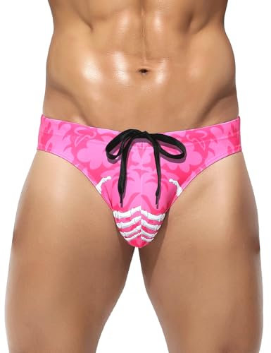 Mauro Kane Badeslip Herren Badehose Slip Eng Kurz Badeshorts mit Tunnelzug Schwimmhose Swimming Brief Rosa M