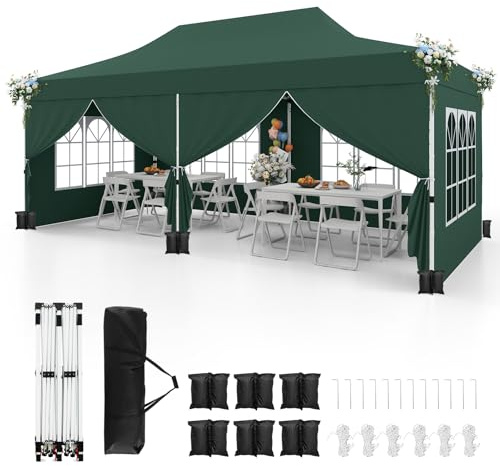 COSTWAY Paviljong 3 x 6 m, vikbar paviljong med 6 sidoväggar och 6 sandsäckar, trädgårdspaviljong, vattentät stabil vintersäker, UV-skydd 50+, festtält med bärväska för trädgård, fest, bröllop (grön)
