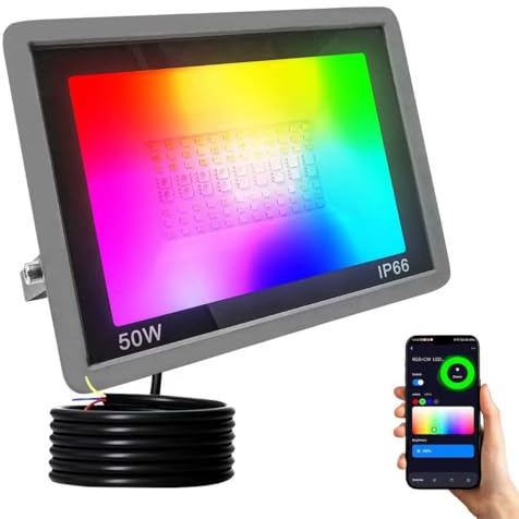 JBdusn 50W RGB LED-strålkastare med fjärrkontroll, Smart RGBCW Strålkastare Färgglad med Wifi Bluetooth Appkontroll, Utomhusstrålkastare med Färgskiftande Dimbar Festbelysning för Scenbelysning