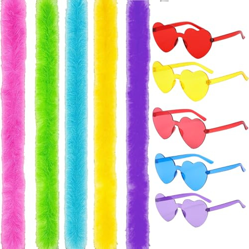 Feather Boas Multipack, 5PCS Fluffy Feather Boa with 5PCS Themed Sunglasses, Carnival Costumes for Women, Cosplay Accessories for Theme Parties and Photo Shoots