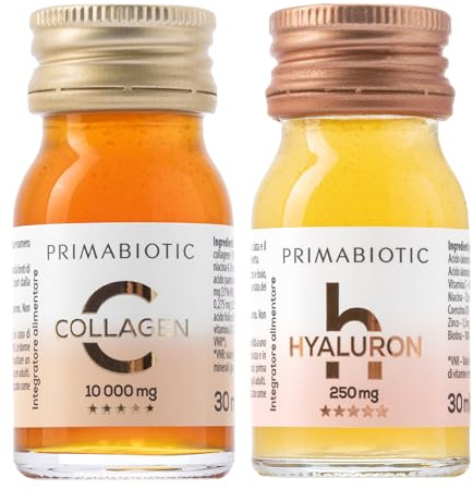 Collagene + Acido Ialuronico da Bere – Primabiotic Duo Pack | 60 Flaconcini da 30 ml | Collagen 10000 mg + Hyaluron 250 mg | Integratori Liquidi per Pelle Idratata e Luminosa