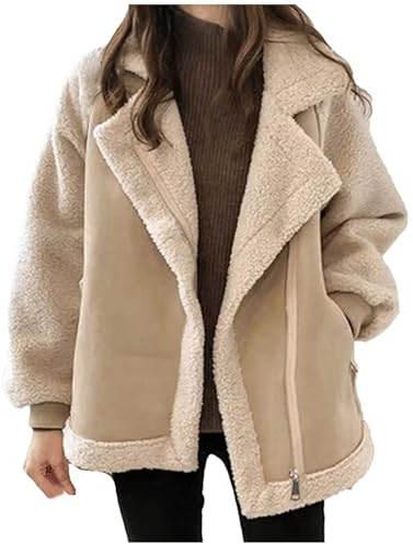 Duohropke Veste d'hiver pour femme - Veste en daim - Col en fourrure - Veste en cuir - Doublure chaude - Élégante veste polaire - Veste en peluche - Veste de moto - Fermeture éclair - Vêtement