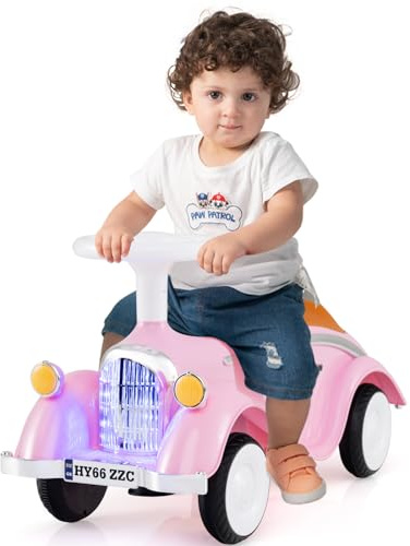 GOPLUS Porteur Enfant 1,5-3 Ans, Pousse Pousse Bebe sans Pédales avec Volant,Klaxon,Lumières LED, Rangement sous Siège 4 Roues Lisses, Jouet Voiture Rétro pour Garçons&Filles, Charge 15KG (Rose)