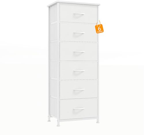 CAIYUN Cómoda estrecha con 6 cajones de tela, alto y estrecho de madera, armario de cocina, mueble para dormitorio, salón, pasillo, habitación infantil, color blanco