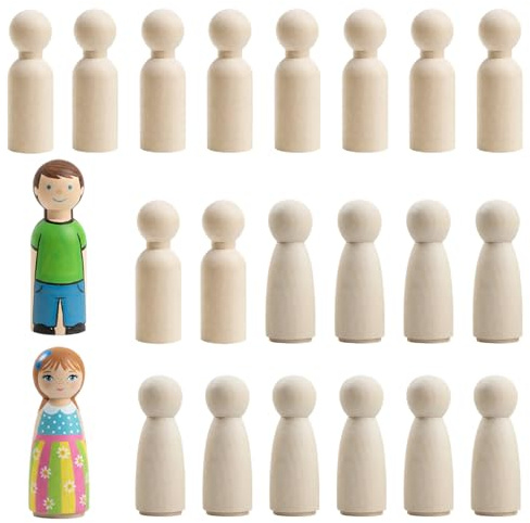 QyueQyat 20 Peg Dolls, 65mm Wooden Dolls House People, Handcrafted Wooden Figures for Creative Play and Display, 10 Male and 10 Female Wooden People