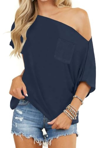 LACOZY Women's Summer Off Shoulder Tops Short Sleeve Casual Loose Fit Batwing Shirts Y2K Top T Shirt Oversized Blouse