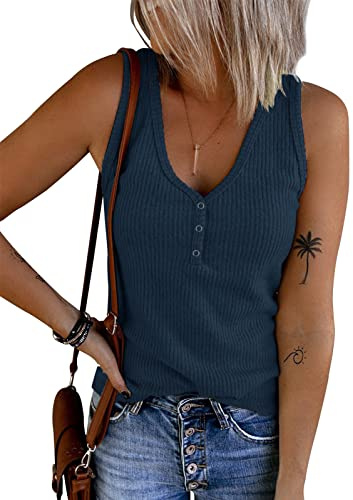 Tuopuda Débardeur Femme Haut Chic col en V Débardeurs Décontracté T-Shirts sans Manche Chemises Boutonné en Tricot Côtelé Gilet Sexy Printemps Eté Tunique Crop Tops