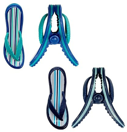 TRIXES Flip Flop Beach Towel Pegs - Secure Sun Lounger Travel Clips Indoor & Outdoor Use – Jumbo Clip for the Beach, Garden, Pool, Sun Bed or Deck Chair – Laundry Quilt & Clothes Peg (4, Striped)