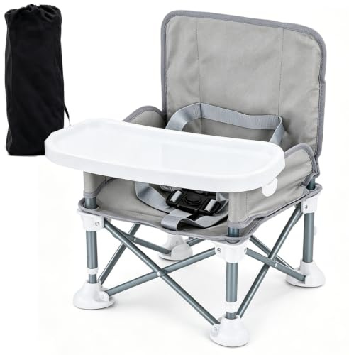 Portable Baby Booster Seat with Removable Feeding Tray, Foldable Travel High Chair for Toddlers, Home & Outdoor Dining, Camping, Beach & Family Travel, 6 Months–3 Years, Grey (Includes Carry Bag)