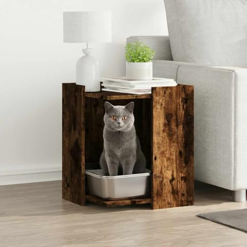 Runheo Gatos de madera de roble ahumado, 42 x 42 x 51 cm, casa para gatos con diseño oculto, muebles rascadores y lugar de descanso para juegos, escalada, dormir, cuidado de las garras