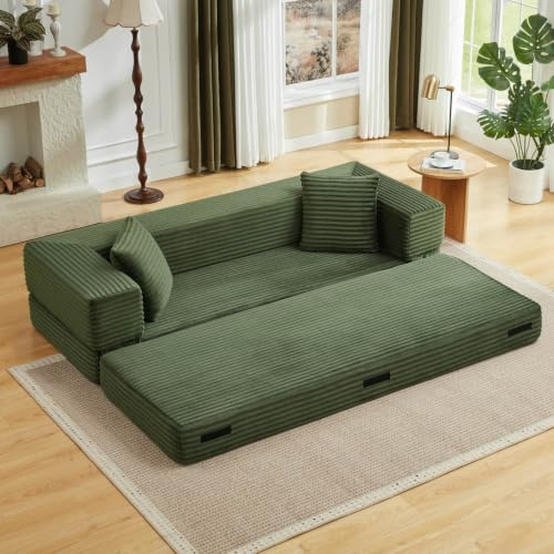 EURHCIO Canape 2 Places en Velours Côtelé,Canapé Lit Convertible Multifonctionnel,Design Modulable et Pliant,2 Coussins,pour Salon,Chambre,Bureau (Vert-B)