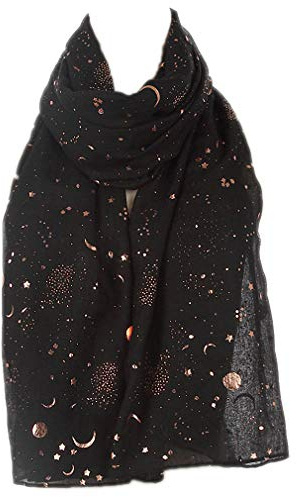 Tinpia Fashion Scarf for Women, Lightweight Colorful Shawl with Star Moon Pattern for Girls Ladies Women Black