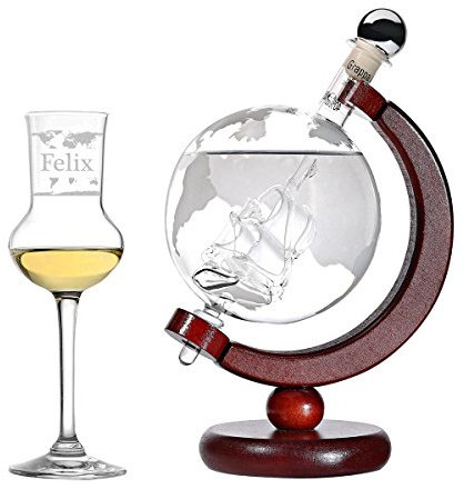 polar-effekt Grappa Set personnalisé - Carafe Monde Bouteille et Monde Marin rempli 500 Grappa - Grappa Verre de 87ml Grappa Goblet avec Gravure - Emballage Cadeau - Design: Carte du Monde