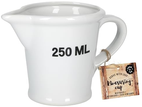 MamboCat Messbecher Porzellan 250 ml mit Henkel I Küchenmaß Backzubehör I Mess Kanne mit Schnabel I kleines Litermaß nostalgisch I Mess Behälter mit Skala I Dosierhilfe für Zucker & Co. in Weiss