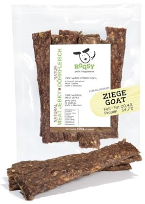 ROQSY Natur-Dörrfleisch 100% Ziege – Getreidefrei, Kauartikel, Trockenfleisch, Leckerli für Hunde, Idealer Snack für Welpen, Kaustreifen, Barf-fähig, Jerky – 100g