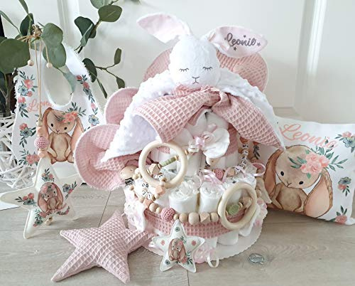 Windeltorte XXXL - Mädchen mit Name - Kuscheltier Hase Hoppi Schnullerkette & Greifling Spucktuch - Geschenk, Baby, Geburt