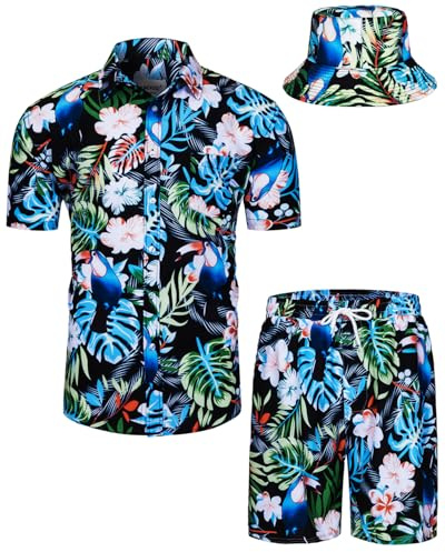 TUNEVUSE Mens Hawaiian Shirts and Shorts Set 2 Pieces Tropical Outfit Flower Print Button Down Beach Suit with Bucket Hats