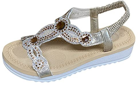 Pogolino Damen Sandalen Glitzer Zehentrenner Riemchen Blumen Nieten Sommer Sandaletten A11 – Gold– 37
