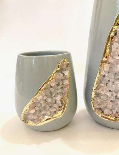 Grey and Gold Ceramic Vase/Planter/Pot/Wine Goblet/Mug with Rose Quartz Semi - Precious Agate Crystal Gemstones |Large(Height 8 inch), (Rose Gold - Finish)