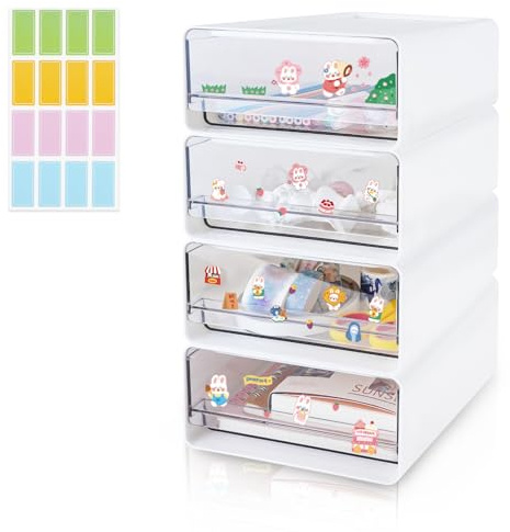 4PCS Stackable Desk Organiser with 4 Drawers and Labels, Plastic Storage Drawer Units, Compact Desktop Organizer Boxes, Translucent Stationary Organiser, Office Craft Drawers for Dorm (4pcs, White)