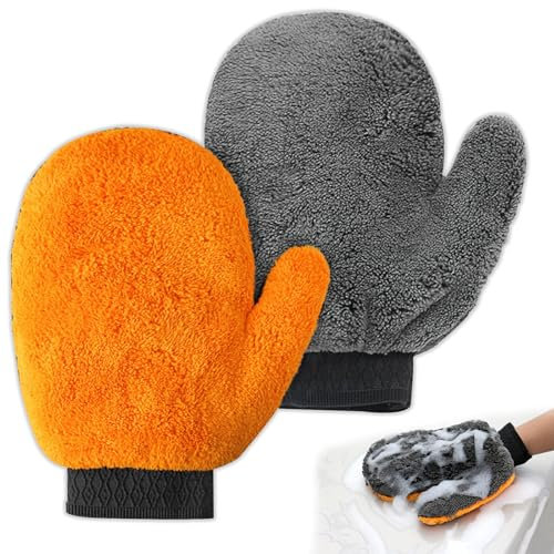 2 Pack Microfibre Car Wash Mitt Glove for Washing, Cleaning, Maintenance, Window Cleaner, Exterior and Interior Care, Scrubbing and Drying