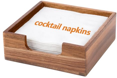 Acacia Cocktail servetthållare för bord, servetthållare av trä, platt fyrkantig dryckesservetthållare bricka, bondgård cocktail servett caddie för bar, fest, middag, köksbord, 14 x 14 cm