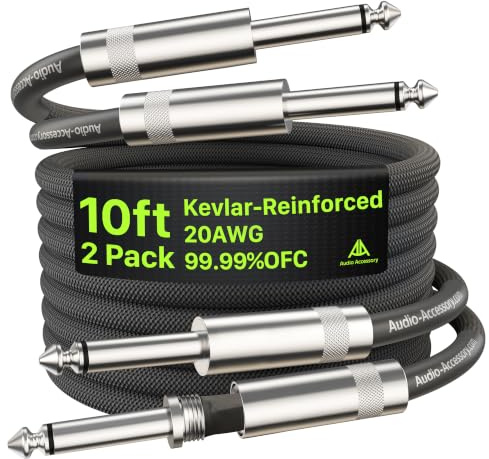AA AUDIO ACCESSORY Kevlar-Reinforced Guitar Cable 10 ft 2 Pack, 20AWG 99.99% OFC, 10X Heavy-Duty Nylon Braided, Heat-Shrink Protected 1/4 Instrument Cable, Shielded Amp Cord for Fender Electric Guitar