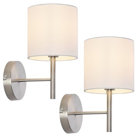 lux.pro Wandleuchte 2er Set Winsford Leselampe Wandlampe E14 Silberfarben/Weiß Schlafzimmerlampe mit Stoffschirm Metall