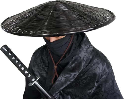 ROJDFCNBW Sombrero Chino de bambú, Sombrero de Caballero, Sombrero de Cosplay de espadachín samurái Tradicional, Sombrero de bambú Chino, 21 de diámetro x 4 de Profundidad(Svart)