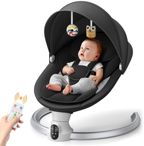 Electric Baby Bouncer, Helangel Electric Baby Swing Chair from Birth with Mobile App and Remote Control for Newborn up to 9 kg Weight with 5 Point Safety Harness (Black)