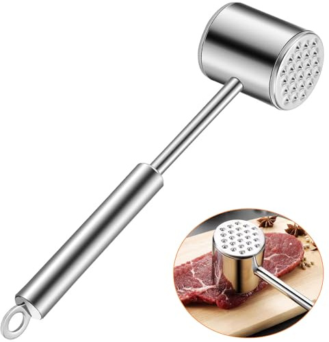 Martillo Carne Acero Inoxidable 304, Ablandador Carne Cara Doble Largo 22cm, Herramienta Manual Cocina Apto Lavavajillas, Mazo Carne Profesional para Cerdo, Ternera, Pollo, Filetes, Escalopes(Plata)
