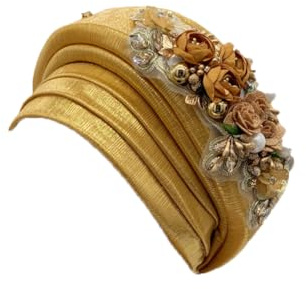Turbante tradizionale da donna in Nigeria, per matrimonio, copricapo africano con applicazioni floreali, Oro, Taglia unica
