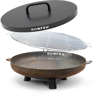 BonFeu BonBowl eldskål – eldskålar för trädgården – eldstad utomhus – eldskål med opt. Grillgaller av högkvalitativt cortenstål – eldkorg för trädgården (set 80 cm)