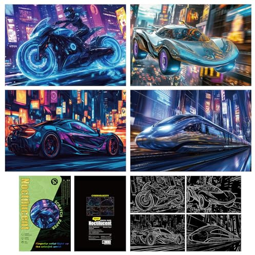 QINXUANGE 4PCS Scratch Art Set,Luminous Effects,Paper Rainbow Painting Sketch,Scratch Painting Creative Gift,Scratch Art for Unisex,Cyberpunk Series(19 * 13cm)