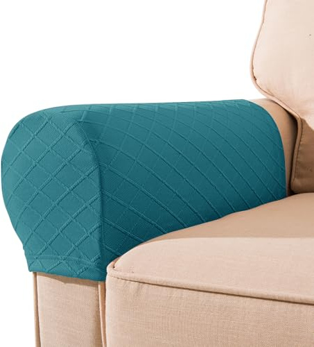 FUAAOLIY 1 Pair Armrest Covers, Diamond Stretch Couch Arm Covers, Anti-Slip Armrest Covers with Nails Washable Sofa Chair Arm Covers Anti-Scratch Polyester Furniture Slipcovers for Sofa (Teal)