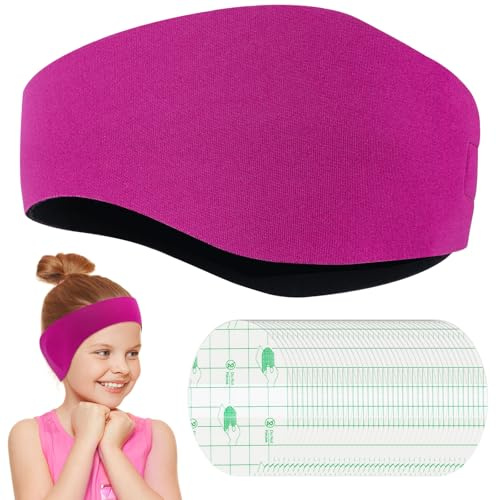Fascia da nuoto per bambini, protezione dell'udito, fascia per orecchie per bambini in neoprene con 40 adesivi per orecchie impermeabili, fascia sportiva elastica per nuoto e surf (rosa, medio)