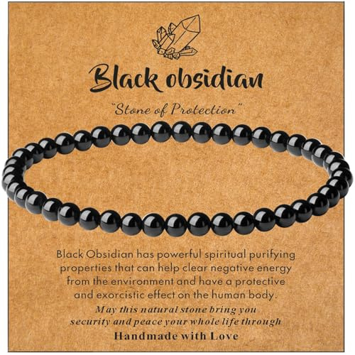 Sahoottie Black Obsidian Crystal Beaded Bracelets for Women Protection Gemstone Stone Bracelet 4mm Black Beads for Men Women Birthday Christmas Ladies Jewellery Gifts