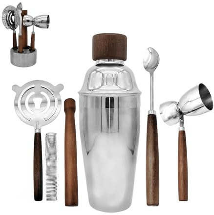 WELESHEI 6 pz Bar Tool Set Kit shaker per cocktail in acciaio inox con pestello, doppio jigger, cucchiaio per mescolare, colino e supporto rotondo opaco Bartender Essentials Barware celebrazioni casa