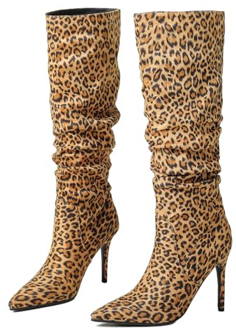 Ceciloroda Femmes's Knee Bottes Hautes Leopard Slouchy Ruched Wide Calf Fall Chaussures Bout Pointu Pull On Dressy Bottes Stiletto Confort Size 35